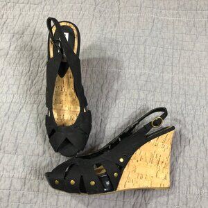 Steve Madden Wedges 9M Black Cork Crazzy Peep Toe Heels